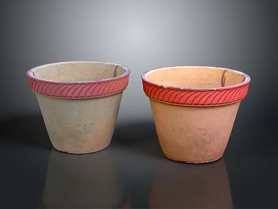 Two Terracotta Garden Decor Pots With Red Wavy Rim Design Details 3d model