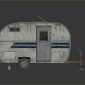 Vintage White Caravan With Blue Stripes Door Windows And Weathered Exterior