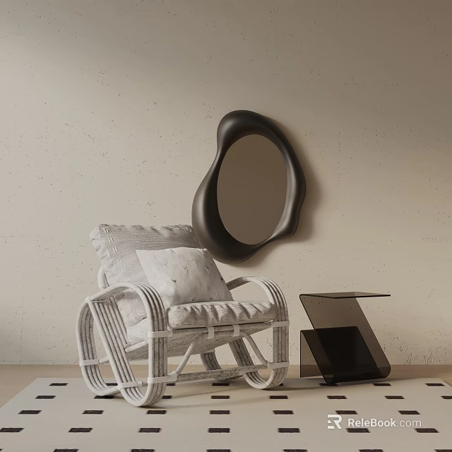 White Wicker Leisure Chair With Gray Cushion Black Irregular Mirror And Small Black Side Table 3d model 