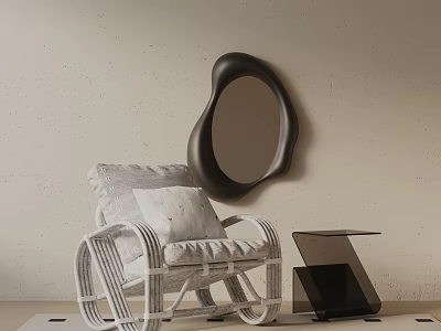 White Wicker Leisure Chair With Gray Cushion Black Irregular Mirror And Small Black Side Table 3d model
