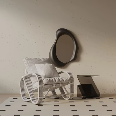 White Wicker Leisure Chair With Gray Cushion Black Irregular Mirror And Small Black Side Table 3d model