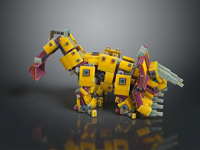 Mechanical Block Structured Game Movie Character With Yellow Red Parts And Dinosaur Form 3d model
