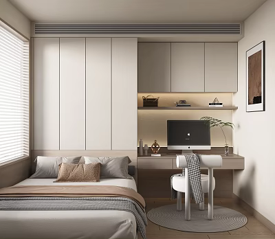 Modern Tatami Bedroom With Built in Wardrobes Study Desk And Light Toned Interior 3d model