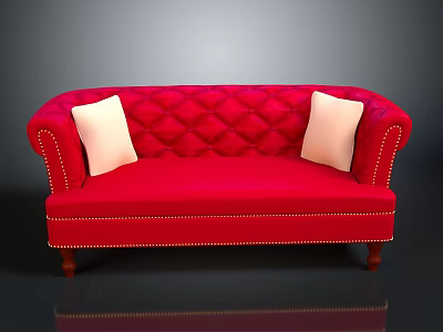 Red Quilted Sofa With White Cushions Nailhead Trim And Wooden Legs 3d model