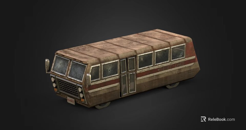 Vintage Old Bus With Worn Brown Exterior Striped Design Flat Roof Side Windows And Doors 3d model 