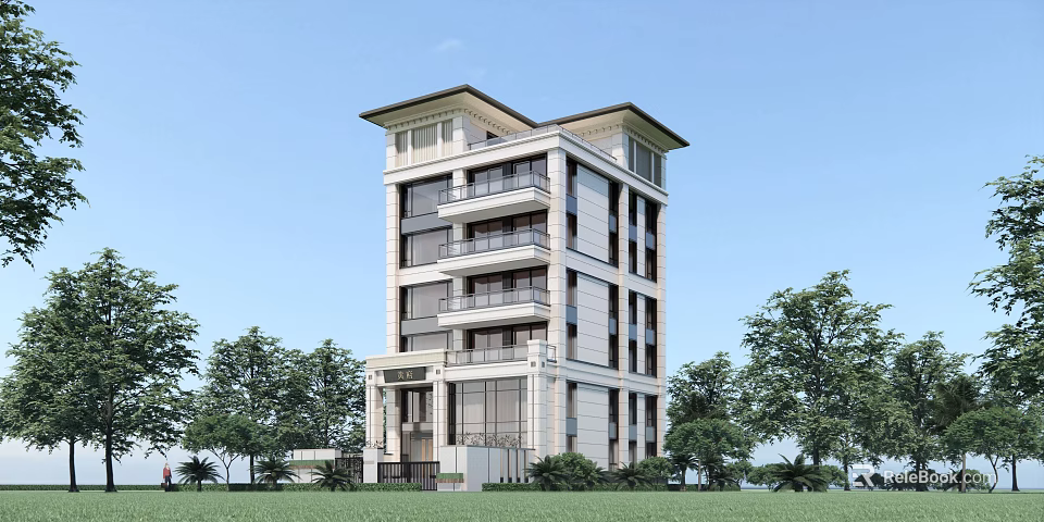 Multi Story Single Family House With Light Exterior Balconies Surrounded by Trees and Grass 3d model 