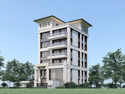Multi Story Single Family House With Light Exterior Balconies Surrounded by Trees and Grass 3d model