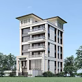 Multi Story Single Family House With Light Exterior Balconies Surrounded by Trees and Grass