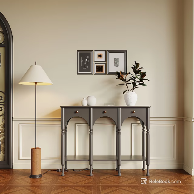 Gray Console Table Side Cabinet Decorative Frames Green Plant Vase Floor Lamp on Elegant Wall 3d model 