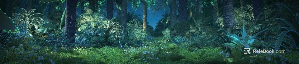 Night Jungle Scene With Tall Trees Lush Green Vegetation Soft Lighting And White Flowers 3d model 