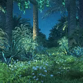 Night Jungle Scene With Tall Trees Lush Green Vegetation Soft Lighting And White Flowers