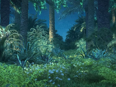 Night Jungle Scene With Tall Trees Lush Green Vegetation Soft Lighting And White Flowers 3d model