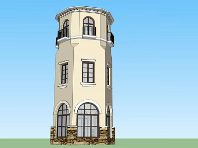 Beige Classical Tower With Stone Base Arched Windows And Top Balcony 3d model