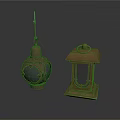 Antique Metal Lanterns Featuring Spherical And Square Shapes With Ornate Details