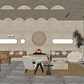 Hotel Public Lounge Area Featuring Wooden Ceiling Cozy Seating Fireplace And Natural Light Design