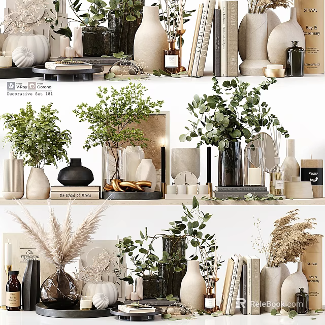 Decorative Ornament Arrangement with Green Plants Vases Books and Decorative Items 3d model 