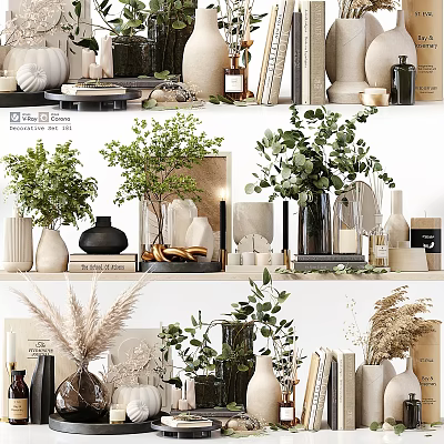Decorative Ornament Arrangement with Green Plants Vases Books and Decorative Items 3d model