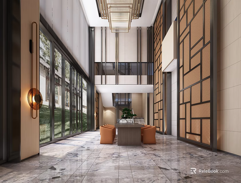 Hotel Lobby Interior Featuring Spacious Layout Marble Flooring Chandelier And Decorative Walls 3d model 