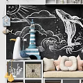 Entryway Cabinet Sideboard With Chalkboard Wall Whale Octopus Art House Shelves Bench Cushions Woven Baskets