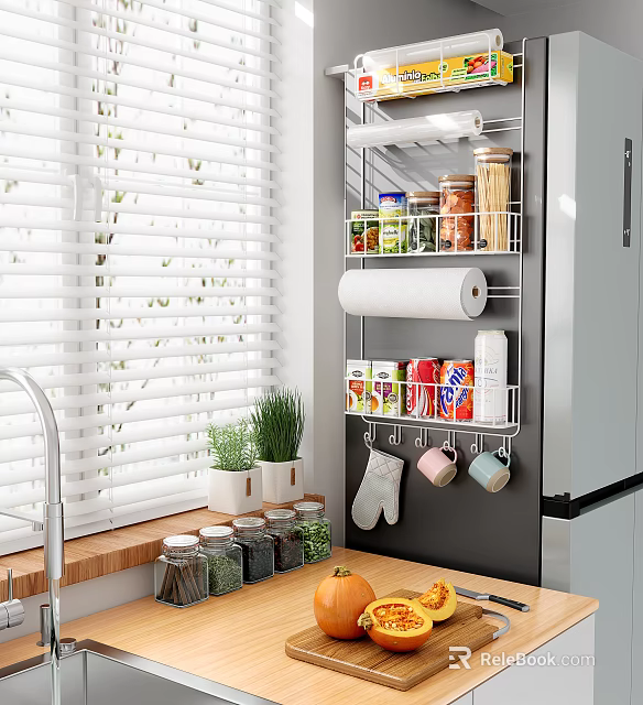 Organized Kitchen Storage Rack With Paper Towel Cans Spices Potted Herbs And Hanging Oven Mitts 3d model 