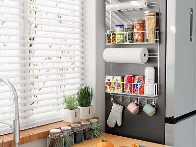 Organized Kitchen Storage Rack With Paper Towel Cans Spices Potted Herbs And Hanging Oven Mitts 3d model