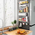 Organized Kitchen Storage Rack With Paper Towel Cans Spices Potted Herbs And Hanging Oven Mitts