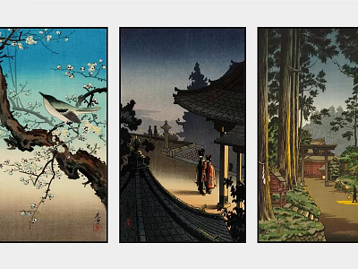 Traditional Japanese Ukiyo e Art Paintings With Cherry Blossom Bird Night Temple And Forest Path 3d model