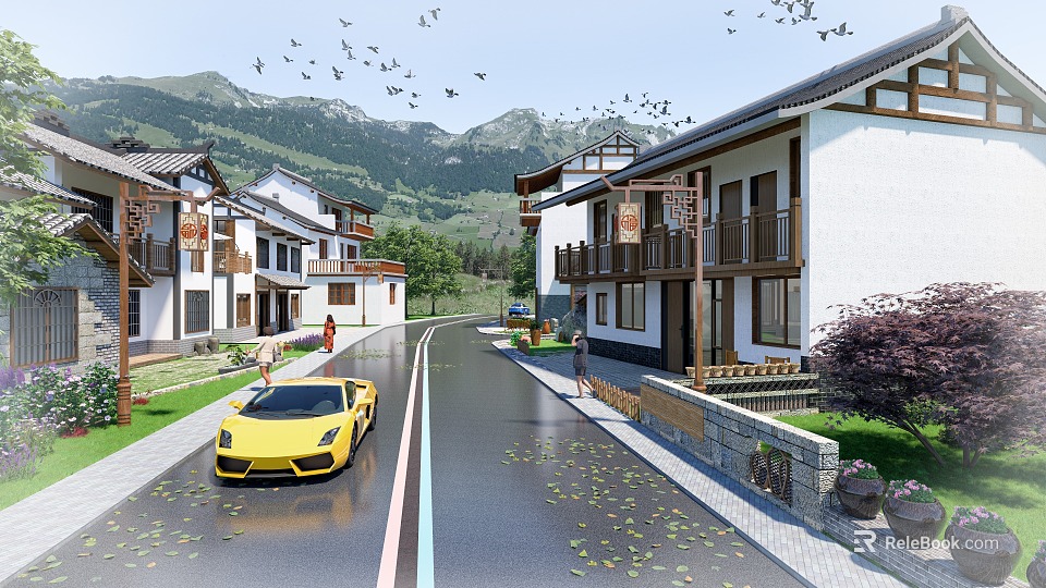 Rural Houses With Yellow Sports Car On Road And Mountain View With Birds 3d model 