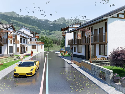 Rural Houses With Yellow Sports Car On Road And Mountain View With Birds 3d model