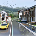 Rural Houses With Yellow Sports Car On Road And Mountain View With Birds