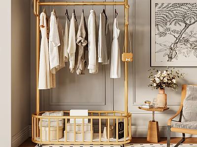 Bamboo Clothes Rack With Wheels Holding Clothes And Storage Baskets Near Vase And Chair 3d model