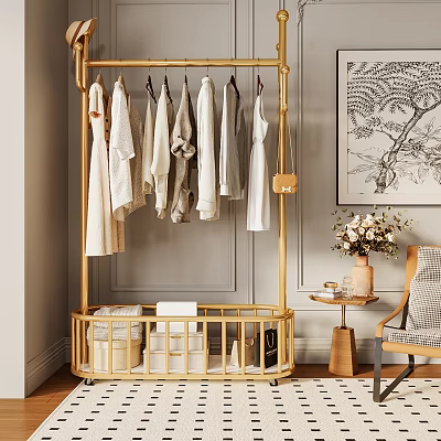 Bamboo Clothes Rack With Wheels Holding Clothes And Storage Baskets Near Vase And Chair 3d model