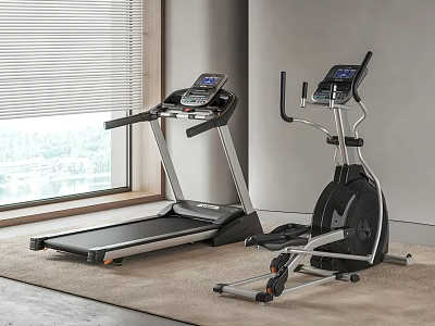 Modern Home Indoor Fitness Equipment Including Treadmill And Elliptical Trainer In Room With Window View 3d model