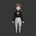 3D Girl Character with Brown Ponytail Blue Eyes Black Top and Colorful Pants
