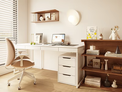 Modern Home Office With White Desk Beige Chair Wooden Shelves Round Lamp Books And Decor 3d model