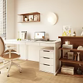 Modern Home Office With White Desk Beige Chair Wooden Shelves Round Lamp Books And Decor