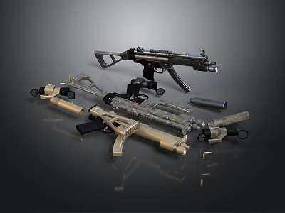 Modern Assault Rifles And Submachine Guns With Tactical Scopes And Magazines 3d model