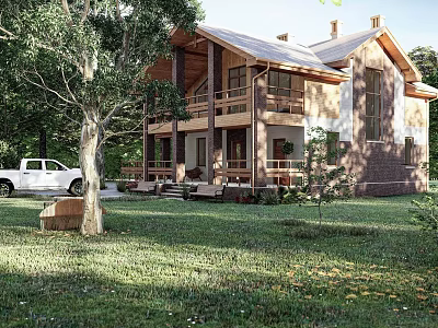 Detached Villa With Wooden Structure Surrounded By Trees And Lawn Front View Featuring White Truck 3d model