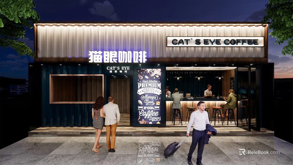 Cat's Eye Coffee Shop Modern Storefront With Illuminated Signage And Exterior Design 3d model 