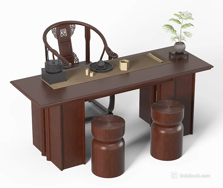 Traditional Chinese Wooden Tea Table and Chairs with Tea Set Round Stools and Small Plant 3d model 