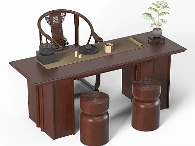 Traditional Chinese Wooden Tea Table and Chairs with Tea Set Round Stools and Small Plant 3d model