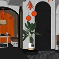 Elegant Restaurant Interior With Arched Doorways Red Curtains Black And White Checkered Floor And Pendant Lights