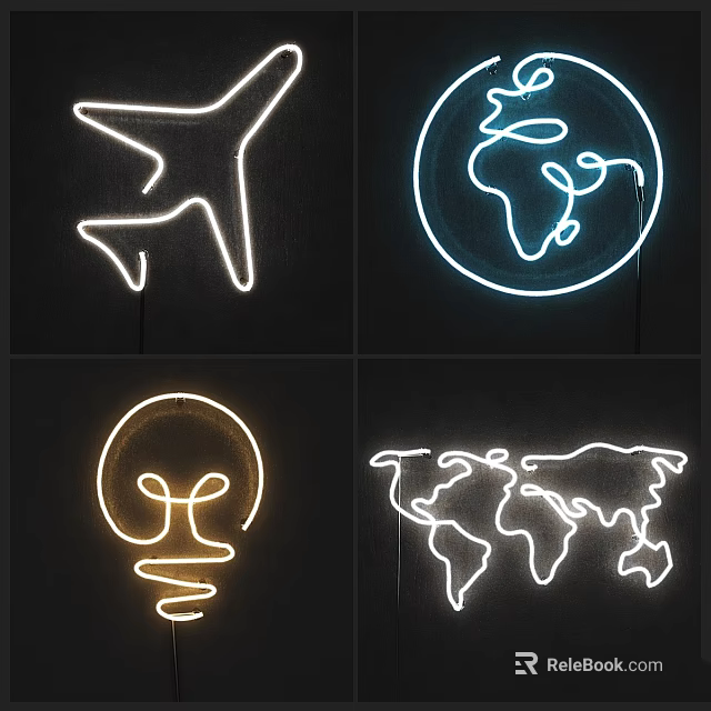 Modern Neon Lightbox Designs Featuring Airplane Globe Lightbulb And World Map 3d model 