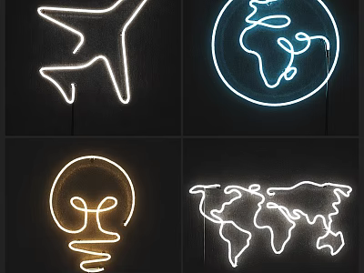 Modern Neon Lightbox Designs Featuring Airplane Globe Lightbulb And World Map 3d model