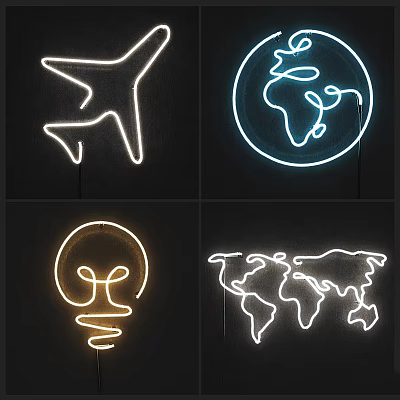 Modern Neon Lightbox Designs Featuring Airplane Globe Lightbulb And World Map 3d model