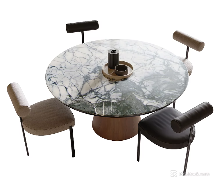 Round Marble Table And Chair Set Wooden Base Black Metal Legs Beige Upholstered Dark Leather 3d model 