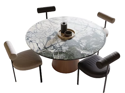 Round Marble Table And Chair Set Wooden Base Black Metal Legs Beige Upholstered Dark Leather 3d model