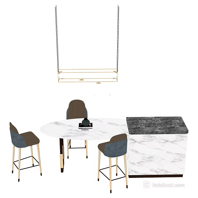 Modern Bar Counter With Marble Top Hanging Light And Gray Stools 3d model
