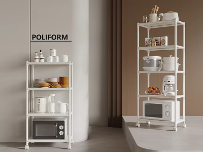 POLIFORM Modern White Multi Tiered Shelving Unit for Kitchen Storage with Dishes and Appliances 3d model