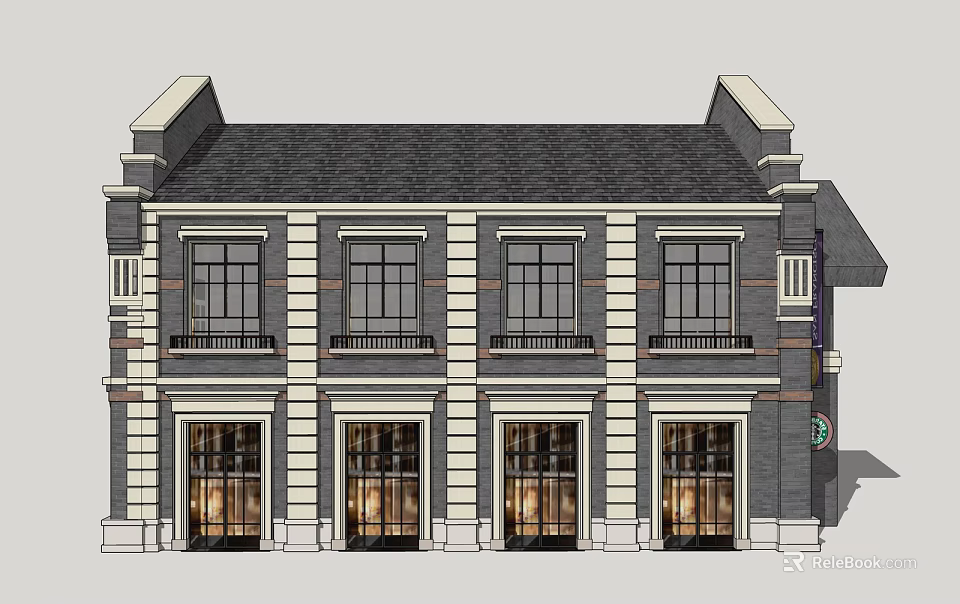 Classical Style Commercial Complex With Brick Stone Facade And Elegant Windows Doors 3d model